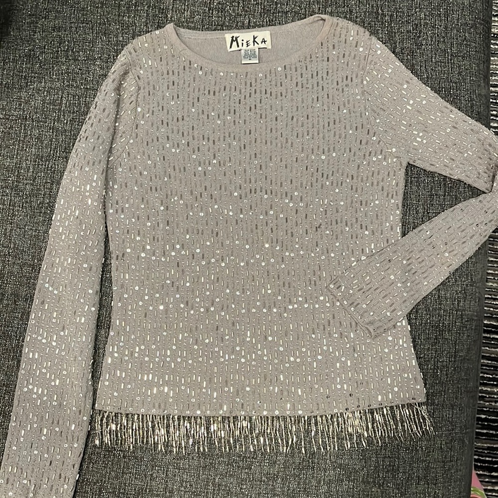 Gorgeous steel grey sweater with sequins and bugle beads. Size medium